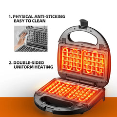 Sandwich Maker 3 în 1 HALEY® HY-1031, Plăci Antiaderente, Grill și Waffle, Design Compact, Negru