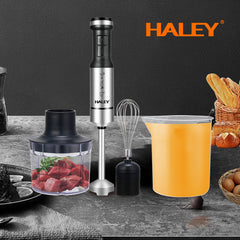 Blender de Mână Electric HALEY 4-in-1, 1200W, Oțel Inoxidabil, 2 Viteze + Accesorii – Tocător, Tel, Pahar, Multifuncțional pentru Bucătărie