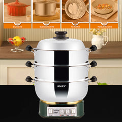 Vas Electric Multifuncțional HALEY HY-501, 2100W, Inox Premium cu Abur pe Două Nivele, Ideal pentru Gătit Sănătos Acasă sau la Hotel
