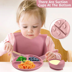 Set 10 piese hranire bebe, diversificare, silicon, baveta, farfurie, bol cu ventuza, lingurita si furculita, cana gustari, lingurita de lemn, si furculita de lemn, fara alergeni, ceasca dreapta, Roz.