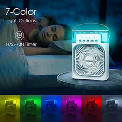 Mini Răcitor de Aer Portabil AT PERFORMANCE® – Ventilator Personal 4 în 1 cu Umidificator, LED 7 Culori, Timer și 3 Viteze, Alimentare USB