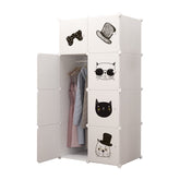 Dulap modular pentru copii 8 rafturi , AT PERFORMANCE® , Alb cu pisicute 🐱🎀👓🎩