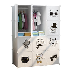 Dulap modular pentru copii 12 rafturi , AT PERFORMANCE® , Alb cu pisicute 🐱🎀👓🎩