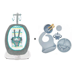 Pachet Bebe 2 în 1: Balansoar cu Vibrații Mastela + Set Diversificare 10 Piese Silicon | Relaxare și Hrănire Sigură