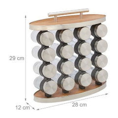 Set 16 recipiente condimente din sticla, cu suport din MDF, 29 x 28 x 12 cm.
