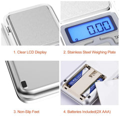 Cântar digital de buzunar AT PERFORMANCE®, multifunctional, cu funcție PCS/TARE, protecție plastic, 200g/0.001g