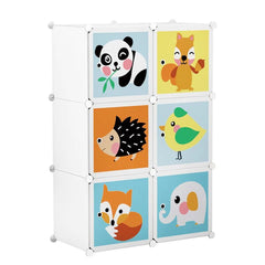 Dulap modular pentru copii, AT PERFORMANCE®, 6 rafturi Alb, Design Jucăuș cu Animăluțe 🦊🐼🐘