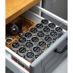 Set 24 Sticluțe Condimente AT PERFORMANCE® – Sticlă cu Capac Aluminiu, Etichete RO, Palnie, Marker și Periuță