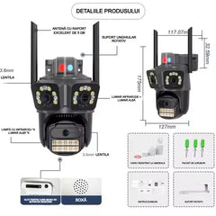 Cameră Supraveghere WiFi cu 3 Camere AT PERFORMANCE® – 15MP 8K, PTZ, Audio, Alarmă, Exterior, IP66