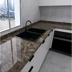 Rola tapet modern, imitatie de marmura At Performance rezistent, la apa, vinil, compact, autoadeziv, 60cmx 300 cm, maro inchis