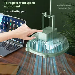 Ventilator AT PERFORMANCE® de Camping Reîncărcabil USB cu Cârlig Pliabil, LED, 3 Viteze, 180° – Portabil și Multifuncțional